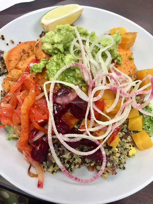 “Bowl Down the Queen” grilled veggies over quinoa—amazing! at HeyO Eats in Mountain View