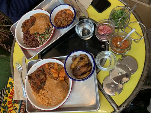Delicious fufu with peanut sauce, rice, stew and plantains. at Teranga in New York City