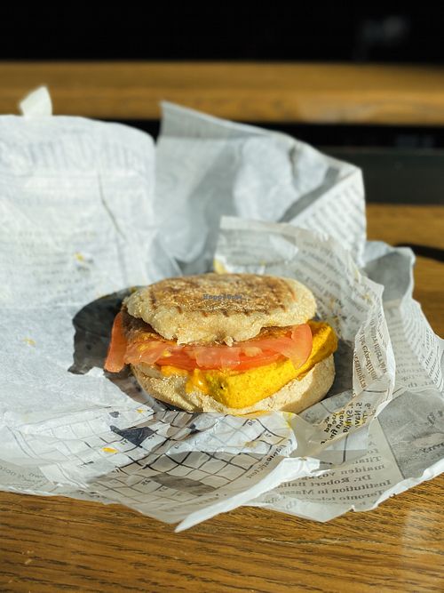 The McDel
- tofu egg, bacon, cheese with dijonaise , greens, tomatoes, whole-wheat English muffin (minus the greens)  at Rebel Cheese in New York City