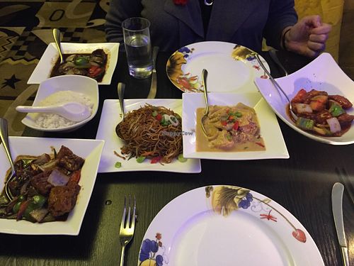 Vegan banquet mains including an extra - sweet and sour vegan pork!  at Cockadoo in Oxford