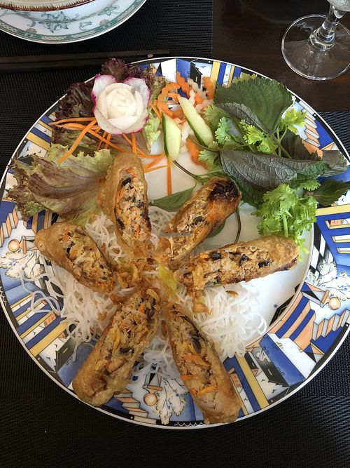 BUN CHA GIO CHAY. Spring rolls with rice noodles, salad and fresh herbs and coriander  at Vegan Chay in Munich