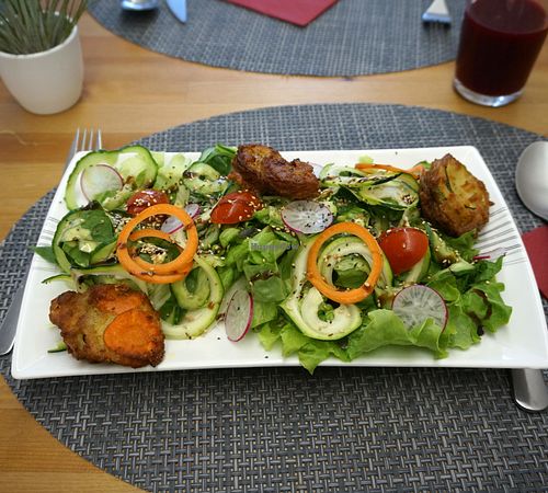 Vegetable beignets w/salad at Le 3V in Mulhouse