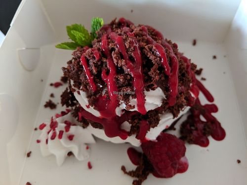 layered brownie with peppermint foam and raspberry at Plant in Tallinn