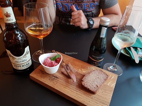 Free starter (buckwheat banana bread + beetroot wasabi hummus) and Le Coq Beer + Prosecco at Plant in Tallinn