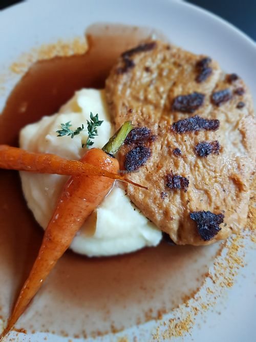 Seitan filet with parsnips puree and carrots at Plant in Tallinn