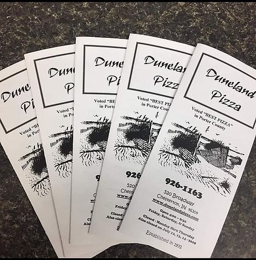 Menu front at Duneland Pizza in Chesterton