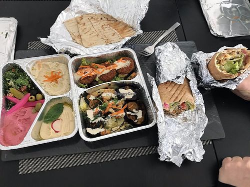 Makali (wrap on right), Falafel (wrap to the left of Makali), and Vegan Teller (all of the rest) at Bistro de Libanon in Leipzig