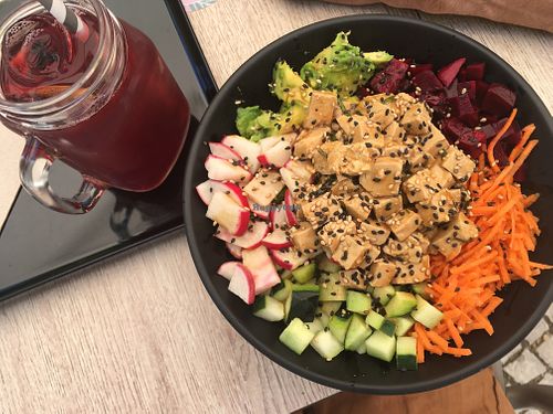 Vegan poke bowl and hibiscus tea at Poké Lagos in Lagos