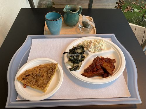 Chick pea bread, seitan, greens, vegan tater salad at Le Ali in Cucina in Ivrea