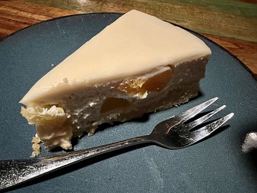 White chocolate peach cheesecake (delightful!)  at Bio Cafe in Aberdeen