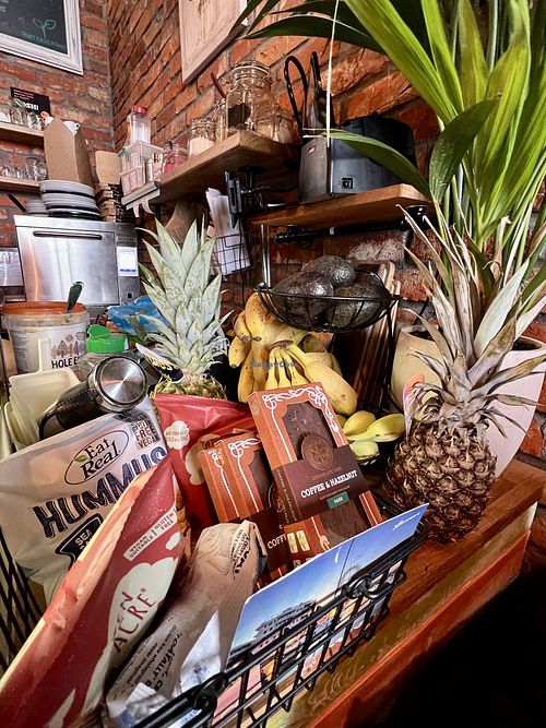 Counter corner with fresh and dry ingredients   at Bio Cafe in Aberdeen