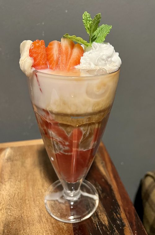 Premium iced coffee with Strawberry purée and ice cream 🍓  at Bio Cafe in Aberdeen