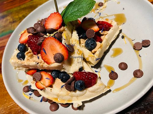 Waffle with peanut butter and mixed berries   at Bio Cafe in Aberdeen