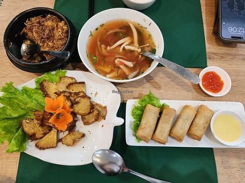Lotus seeds and mushrooms shreddes rice. Sour sweet mushroom soup. Grilled lion mane mushrooms. Fruit spring rolls at Tam Chay - Do Duc Duc in Hanoi