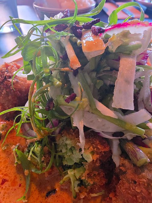 Salad atop the panko brocoli at Yulli's in Byron Bay