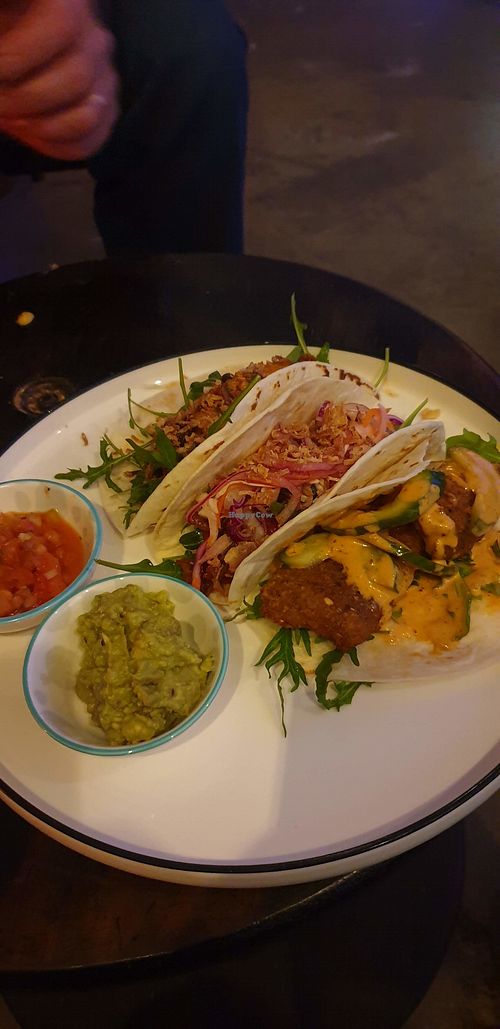 Three different types of tacos: chicken, pulled pork and beef and blackbean. All tasty at Friend & Faux  in Thornbury