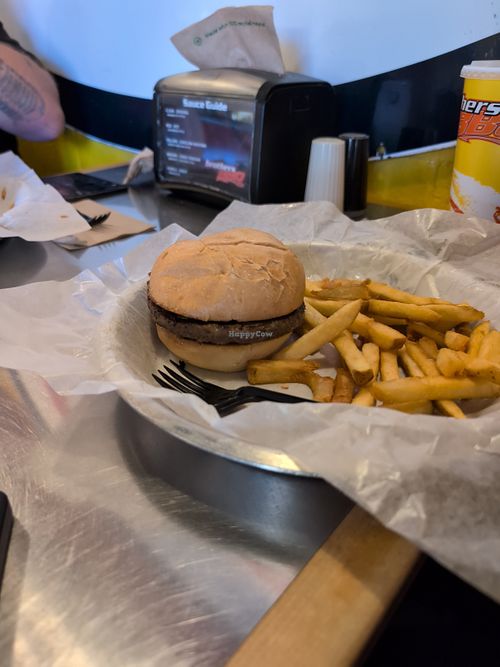 Impossible burger with only pickles and fries for my kid.  at Brothers BBQ in Denver