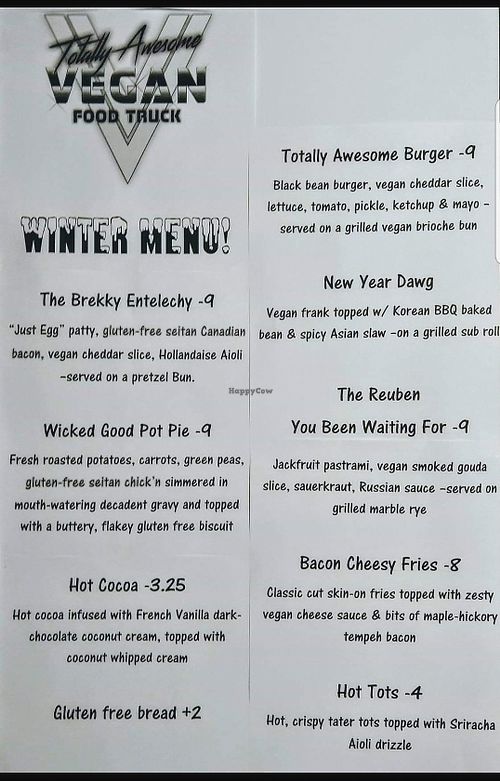 Winter menu at Totally Awesome Vegan Food Truck in Portland