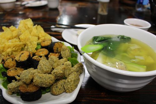 Fried stuff and soup with wontons (60+25 MOP). at Feng Cheng Xuan in Macau