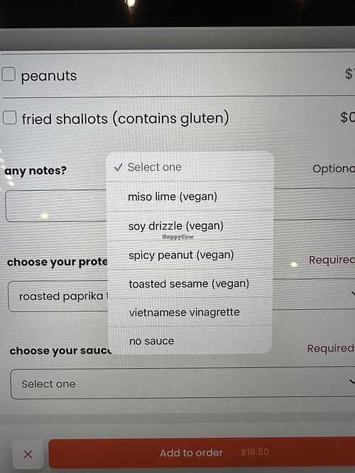 Labeled vegan at the ordering screen  at Bon Me - Smith Campus Center in Cambridge