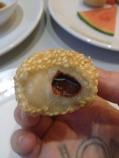 rice balls with sesame seed and filled with dark chocolate.  Mmmmmm at Vegefarm in Bremen