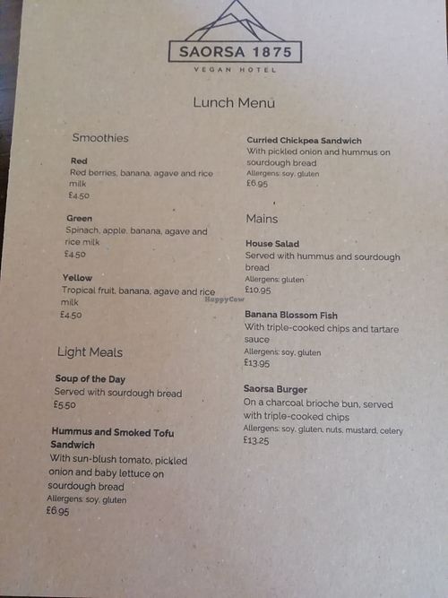 Lunch menu - drinks and mains at Saorsa 1875 in Pitlochry