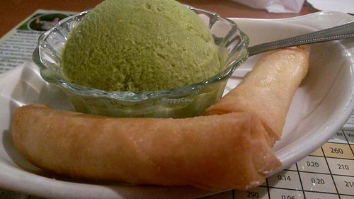Green tea ice cream and fried bananas at Wheel of Life in Irvine