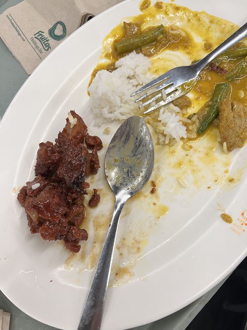 Tocino, rice, and curry  at Harvesters Vegetarian in Metro Manila