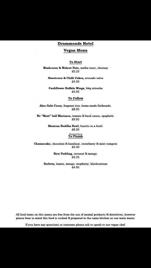 Current menu available (cheesecake changes on a weekly basis)  at Drummonds Hotel in Markinch