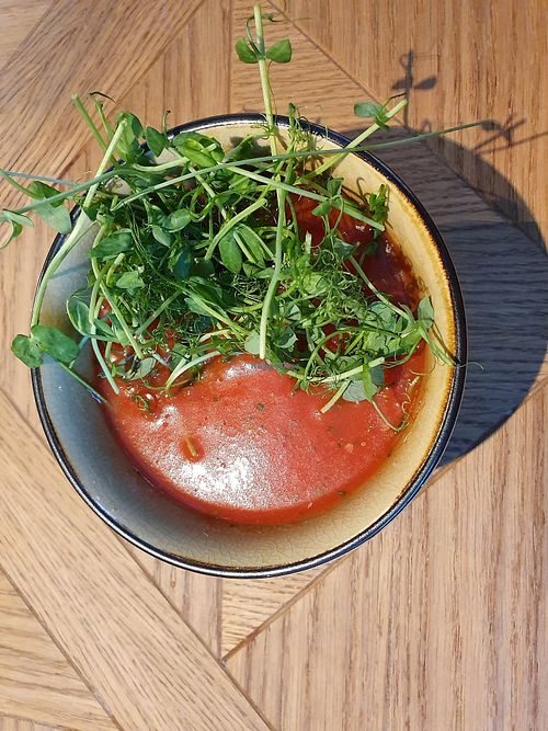 Cold soup gazpacho at Veganutye in Moscow
