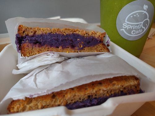 Ube sandwich and green smoothie at Spring Cafe in New York City