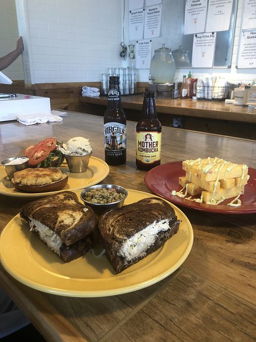 polenta fries, portobello Reuben, lentil salad, falafel sandwich, potato salad, root beer and kombucha!! Fabulous at Leaf & Lentil in Sarasota