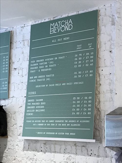 Food menu at Matcha and Beyond in South West London