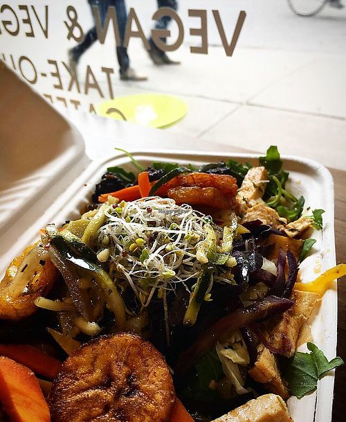 Seitan, tofu and brown rice and veggies at Veggie D'Light in Toronto