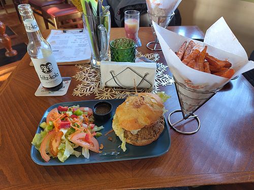 Vegan Burger + Salad and Sweet Potato fries at Frank's Burger-Licious BBQ in Gera