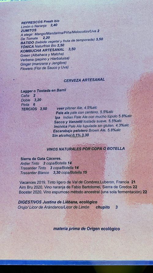 carta bebidas at Cote Cafe in Zarzalejo