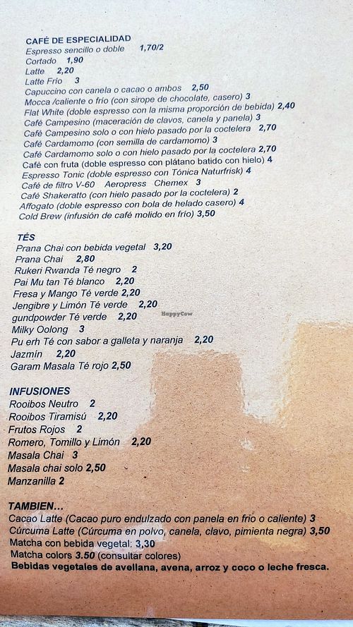 Carta de cafes at Cote Cafe in Zarzalejo
