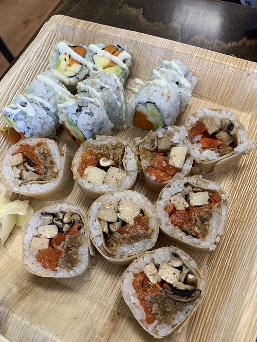 Sweet Potato / Pink lady roll and Sue-Shi roll- love the coconut nori wrap  at Wasabi Beach Sushi & Kitchen in Montauk