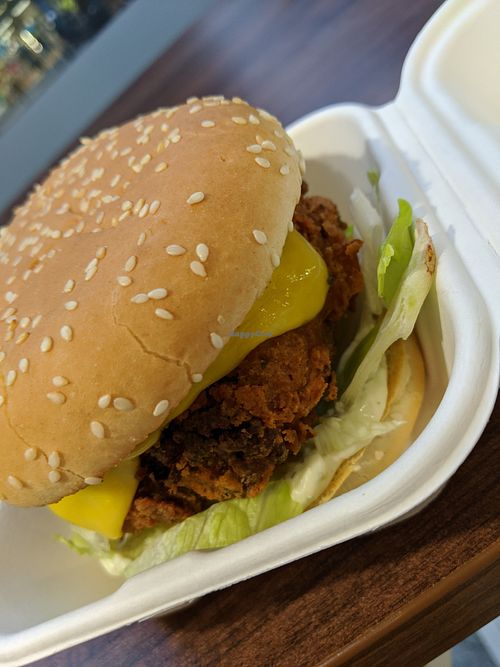 KFC cauliflower cheez burger at Wholesome Junkies in Manchester