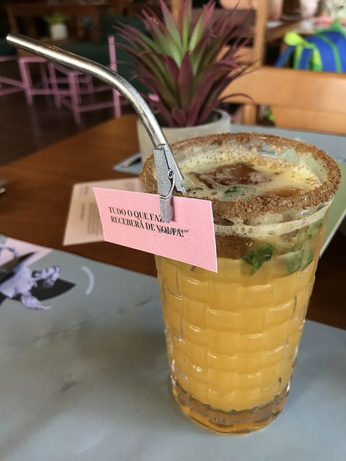 Orange juice with tea ice cubes at Manitas in Brasilia