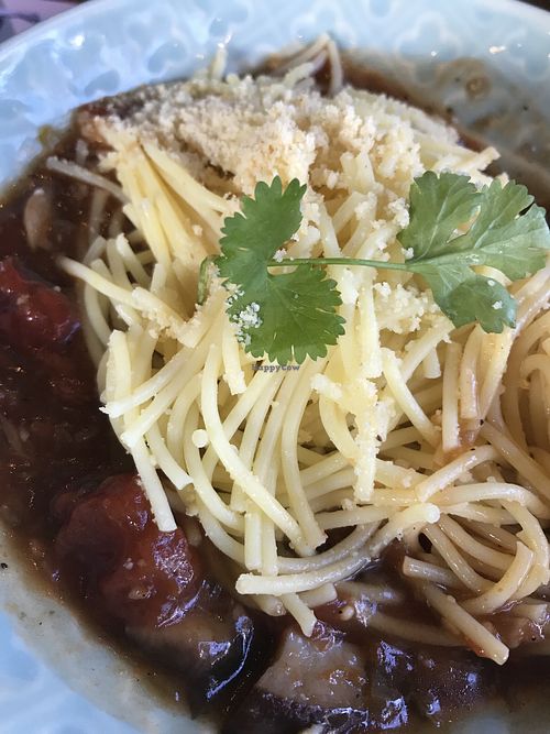 Mushroom ragu pasta with grated cashew nuts at Manitas in Brasilia