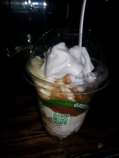 Vegan sundae with vanilla malt cashew ice cream, cookie dough soft serve ice cream, coconut whipped cream, marshmallow topping, and a cherry on top. at Blythe Anne's in New York City