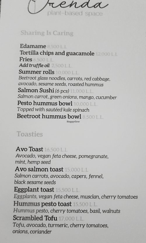 Menu 1 at Orenda in Beirut