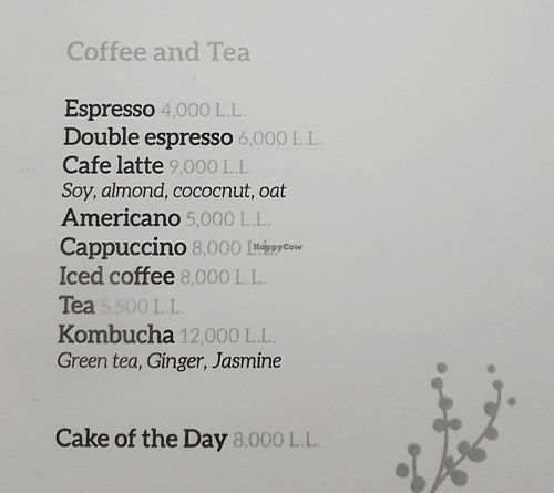 Coffee and tea menu at Orenda in Beirut