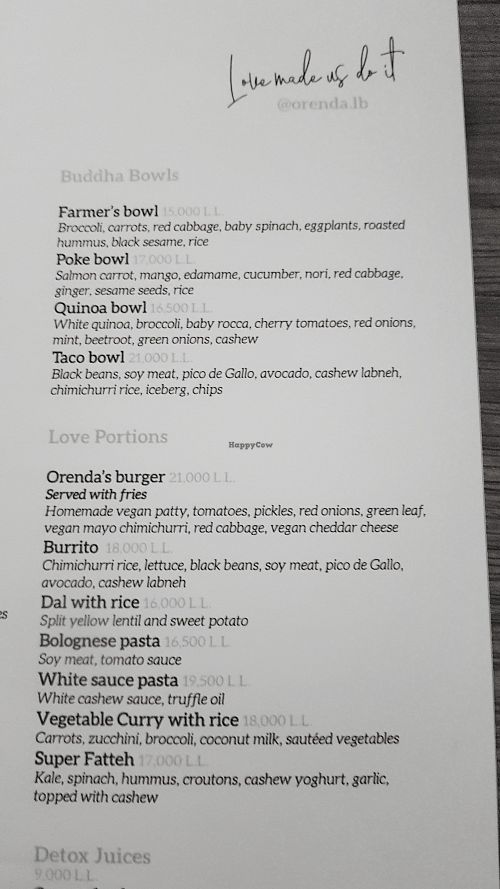 Menu at Orenda in Beirut