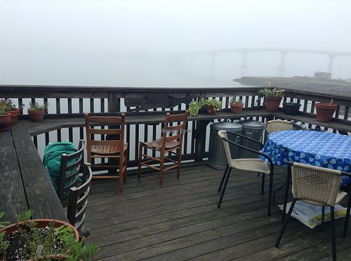 back porch overlooking the harbor on a foggy morning at Sally Ann's Cafe and Market in Lubec