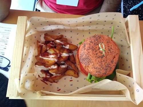 Spicy Chickpea burger and patatas bravas at Flower Burger in Bologna