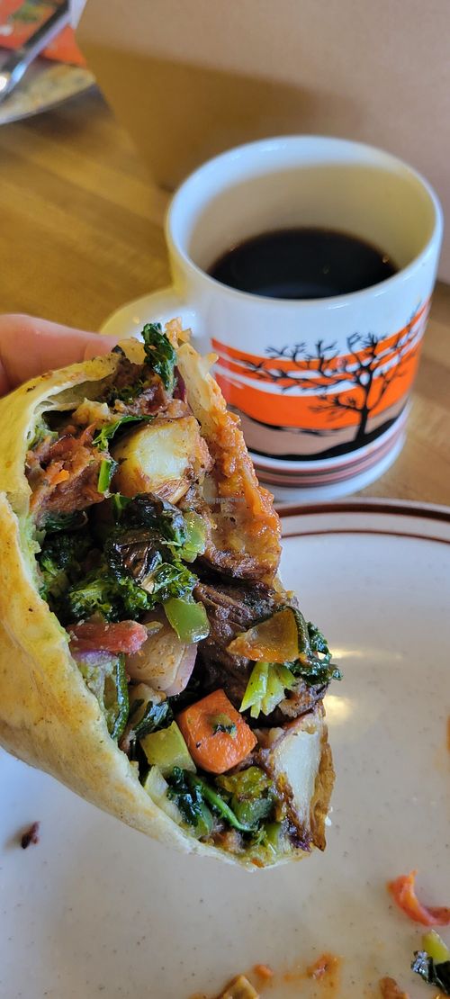 Vegam burrito and coffee at The Toasted Owl Cafe - Cortland Blvd in Flagstaff