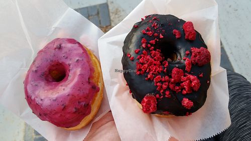 Malted blueberry and Black onyx raspberry vegan doughnuts at Pepperbox Doughnuts - Design Center  in Charlotte
