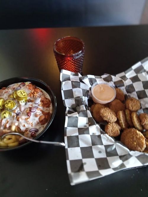 fried pickles and chili mac and cheese all vegan of course.  at Seitan's Realm in Columbus